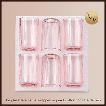 Pink Ribbed Highball Glasses Set of 6, 13.2oz Pink Colored Glassware, Drinking Glasses for Water, Juice, Iced Coffee, Cocktails, Pink Glass Cups, Housewarming Christmas Gift