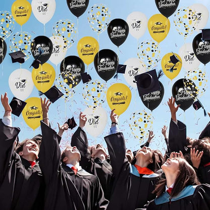 60 Pcs Black and Gold Graduation Balloons Class of 2026 Graduation Decorations - 12 Inch White Gold Confetti Latex Balloon Congrats Grad Balloons with Ribbons for Grad Decorations Supplies