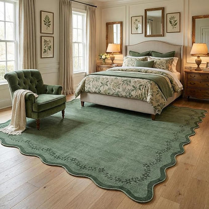 GarveeHome 6x9 Scalloped Area Rug Green Washable Rugs for Living Room Bedroom, Soft Low Pile Non Slip Accent Floor Mat Solid Floral Print Throw Rug Farmhouse Indoor Carpet for Dorm Playroom