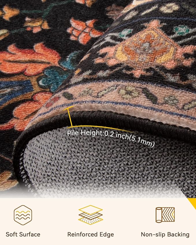 RELEANY Area Rugs 3'x4' Washable Non-Slip, Floral Vintage Distress Print Pattern Medallion Carpet for Living Room Bedroom Dining Room, Black Colorful Floral Dark Tan