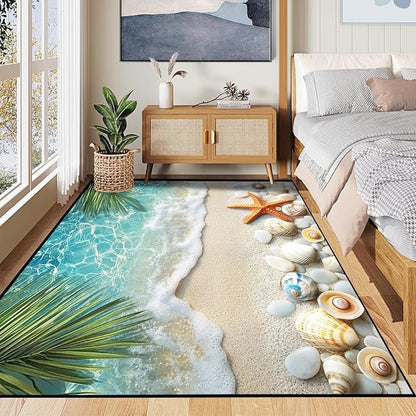 3'x5' Beach Rug Starfish Seashell Area Rugs for Entryway Bedroom Living Room Kitchen Home Decor Ocean Sea Wave Carpt 3D Non Slip Washable Throw Rug Coastal Seaside Floor Mat