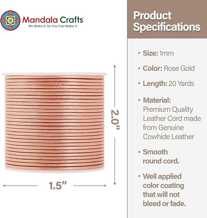 Mandala Crafts Round Genuine Rose Gold Leather Cord for Jewelry Making – 1mm Cowhide Leather Rope String Lace for Kumihimo – 20 Yards Cowhide Craft Cording Spool