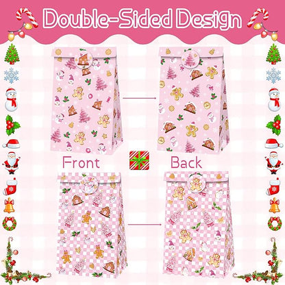 Inshinern 12 Pcs Pink Christmas Tree Party Favor Bags Small Christmas Gift Bags with Stickers Snowman Candy Cane Bag for Gingerbread Man Theme Birthday Baby Shower Decorations, Xmas Party Supplies