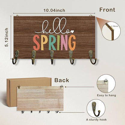 Rustic Spring Key Holder for Wall 10"x5.12", SeasonalSpring Key Hanger Wall Mount, Colorful Hello Spring Farmhouse Dark Brown Wooden Hanging Keys Holder Decor for Entryway Front Door（5 Hooks）