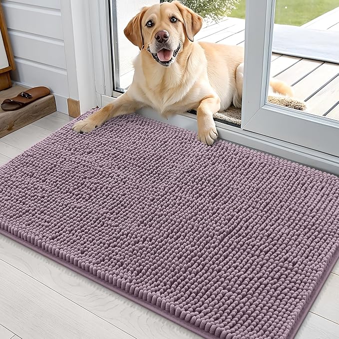 OLANLY Dog Door Mat for Muddy Paws 36x24, Absorbs Moisture and Dirt, Absorbent Non-Slip Washable Doormat, Quick Dry Chenille Mud Mat for Dogs, Entry Indoor Entryway Carpet for Inside Floor, Deep Plum