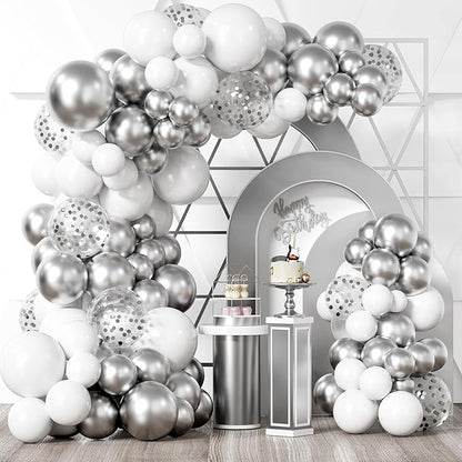 Bezente White Silver Balloon Garland Kit,100Pcs White Silver Metallic Chrome and Silver Confetti Balloons with Balloon Tape for Winter Wonderland Wedding Prom Special Events Party Winter Decor