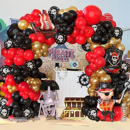 Pirate Birthday Party Decorations, 142Pcs Red Black Metallic Gold Balloon Garland Arch Kit Pirate Ship Foil Mylar Balloon for Halloween Pirate Summer Pool Sea Sailing Adventure Ocean Theme Party