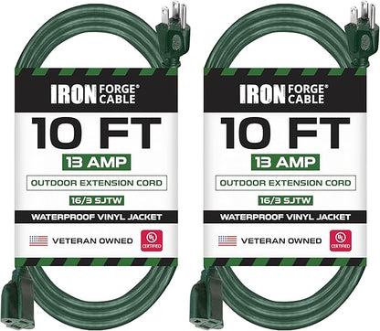 Iron Forge Cable 2 Pack Weatherproof 10 Ft Outdoor Extension Cord - 16/3 SJTW Heavy Duty Green Extension Cord 3 Prong - 13 Amp Exterior Power Cable