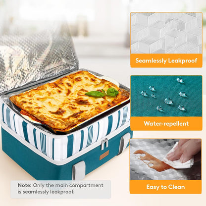 LUNCIA Double Decker Insulated Casserole Carrier for Hot or Cold Food, Lasagna Holder Tote for Potluck Parties/Picnic/Cookouts, Fits 9"x13" Baking Dish, Green