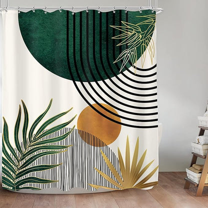 KOMLLEX Mid Century Green Boho Shower Curtain, Abstract Modern Shower Curtains for Bathroom, Plant Botanical Minimalist Leaf Arch Sun Fabric Liner Waterproof Polyester 12 Pack Hooks 60Wx72L Inches