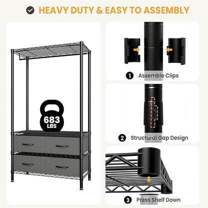 35-Inch Freestanding Garment Rack with Adjustable Shelves and Four Fabric Drawers, Heavy Duty Clothing Organizer for Bedroom, Closet, or Dorm, Black