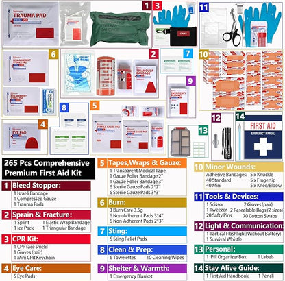 First Aid Trauma Kit,Comprehensive First Aid Kit with Labelled Compartments, Molle System Emergency Kits for Cars, Home, Office, Backpacking, Camping, Traveling, and Cycling-265 Piece