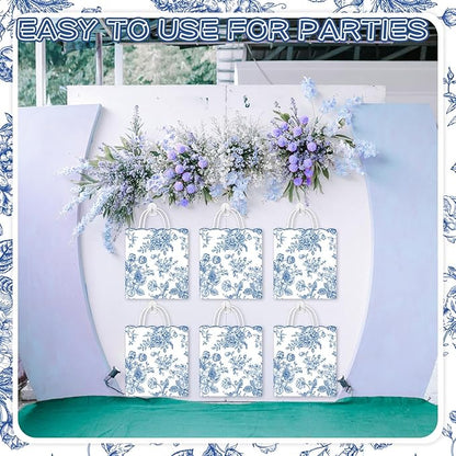 Kolldenn 24 Pcs Blue Floral Party Favor Bags with Handles 10 x 5 x 13 Inch Large Scalloped Wildflower Goodie Candy Gift Treat Bags for Birthday Decoration for Bridal Baby Shower Party Supplie