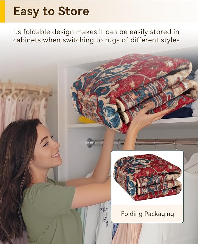 RELEANY Area Rugs Square 4ft Washable Non-Slip, Floral Vintage Distress Print Pattern Medallion Carpet for Living Room Bedroom Dining Room, Red Blue