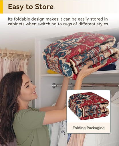 RELEANY Area Rugs Square 4ft Washable Non-Slip, Floral Vintage Distress Print Pattern Medallion Carpet for Living Room Bedroom Dining Room, Red Blue