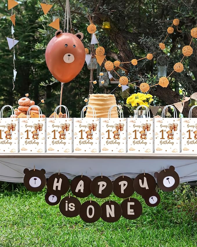 Roselush 16 Pcs Beary 1st Birthday Goodie Bag,Teddy Bear 1st Birthday Gift Snacks Treat Candy Party Favors Bags for Kids First Bday Party Decorations Supplies