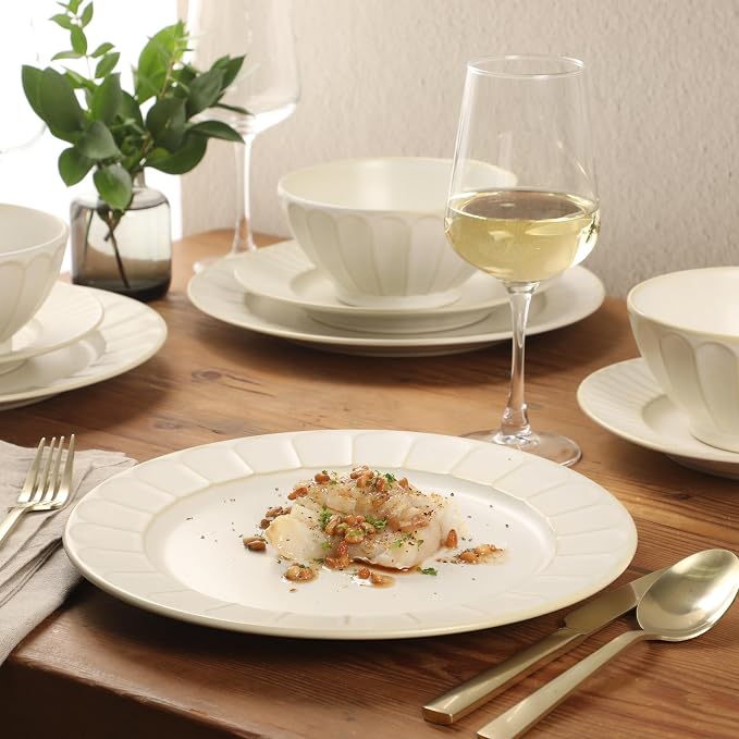 Gibson Elite Winchester Way 12-Piece Embossed Stoneware Dinnerware Set – Reactive Matte Glaze, Durable Lightweight-Tech Plates & Bowls, Everyday Dish Set, Microwave & Dishwasher Safe – Off-White
