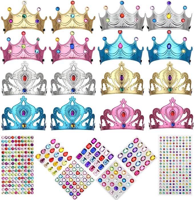 23/24 Packs Foam Princess Crowns and Tiaras, DIY Kit for Birthday Party Favors Hats with Crystal Diamond Sticker