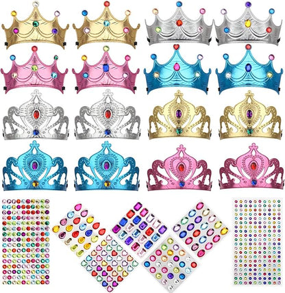 23/24 Packs Foam Princess Crowns and Tiaras, DIY Kit for Birthday Party Favors Hats with Crystal Diamond Sticker