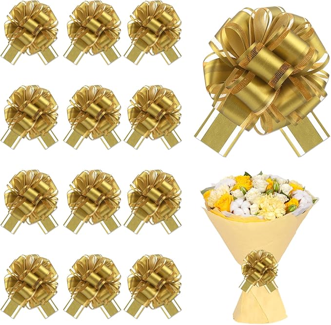 12 Pcs Gold Gift Bow Pull Bows for Gift Warpping Christmas Warp Ribbon Bow Party Birthday Wedding Solid Bows for Bikes Anniversary Boxes Flower Decorations Valentine's Day (Gold-E)