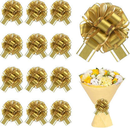 12 Pcs Gold Gift Bow Pull Bows for Gift Warpping Christmas Warp Ribbon Bow Party Birthday Wedding Solid Bows for Bikes Anniversary Boxes Flower Decorations Valentine's Day (Gold-E)