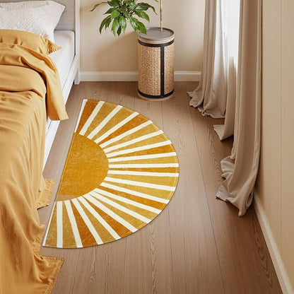 Lahome Boho Bathroom Rugs - Non-Slip Washable Half Circle Mat Small Cute Soft Bedroom Rugs, Rainbow Sun Print Indoor Rug Half Round Door Mat for Entryway Kitchen Bedside Toilet (16''x30'', Sun)