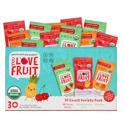 YOU LOVE FRUIT - Fruit Snacks Variety Pack 30 count, 100% Natural Gluten-Free, Vegan, Low Carb, Low Fat Fruit Kosher Snacks for Kids, College Students, Teachers and Offices, Healthy Fruit Snacks (Cherry, Watermelon, Mango)