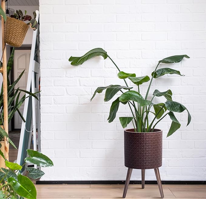 D'vine Dev 12 Inch Modern Geometric Tile Patterned Sleek Planter Pot with Stand, Indoor Outdoor Decorative Plant Holder, Espresso, 88-Z-C-6
