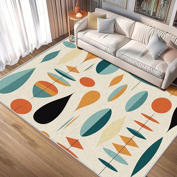 Mid Century Modern Rug 7x10, Washable Geometric Rugs for Living Room Bedroom, Retro Area Rug for Home Decor, Non Slip Backing Floor Carpet with Gripper - 7 x 10 ft