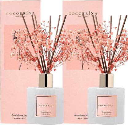 Cocorrína Premium Reed Diffuser Set with Preserved Baby's Breath & Cotton Stick Sandalwood Rose 2 Packs, 6.7oz Scent Fragrance Oil Diffuser for Bedroom Bathroom Home Décor