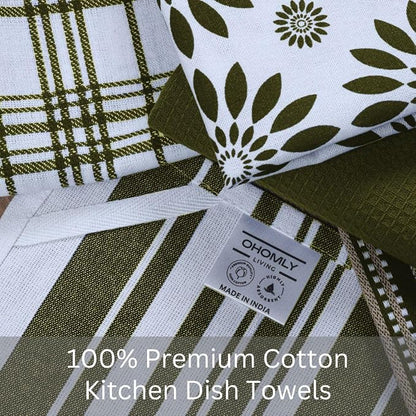 Assorted Kitchen Towels Set of 5-100% Cotton Dish Cloths Towels with Hanging Loop - Soft, Absorbent & Washable for Kitchen Use - Quick Drying Dish Towels 16x26 Inch Green