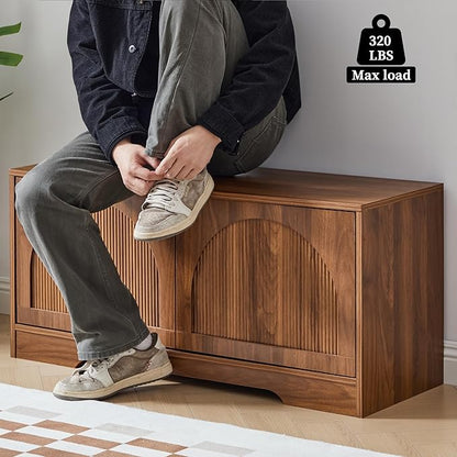 BERRYMERRY 39.4" Fluted Shoe Storage Bench for Entryway,2 Tier Shoe Cabinet Bench with Adjustable Shelf,Bench for Bedroom End of Bed (Walnut, 13.8”D x 39.4”W x 18.5”H)