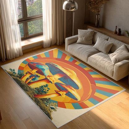 Mushroom Rugs for Home Decor, 8x10 ft, Mid Century Boho Sun Area Rugs for Living Room, Soft Non Slip Washable Retro Trippy Mushroom Carpet Bedroom Decorations Dt-Ghf-69