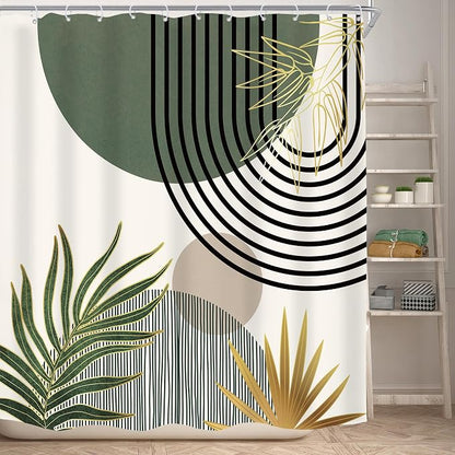 KOMLLEX Mid Century Dark Green Boho Shower Curtain 72Wx72L Inches Abstract Modern Shower Curtains for Bathroom Gold Plant Botanical Minimalist Arch Sun Fabric Liner Waterproof Polyester 12 Pack Hooks
