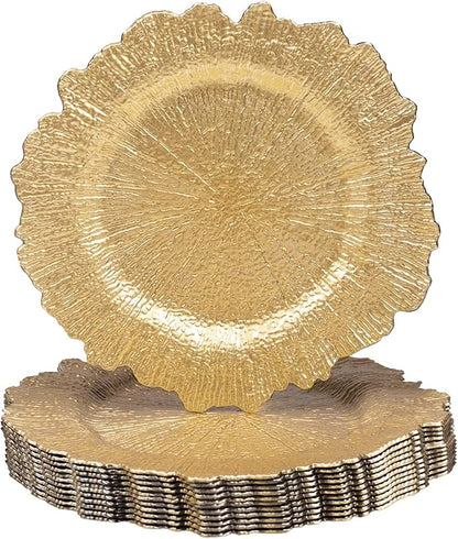 MAONAME 13" Gold Charger Plates, Round Reef Chargers for Dinner Plates, Plastic Plate Chargers for Table Setting, Wedding Decor, Set of 12
