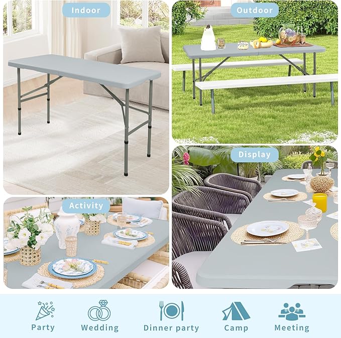 Set of 2 Folding Table 4FT Camping Table Portable Heavy Duty Plastic Rectangular Outdoor Dining Table Steel Legs Fold-in-Half with Carrying Handle for Indoor,Picnic,Party,Wedding,Events(Grey)