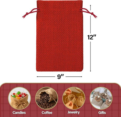 Mandala Crafts 9X12 Inch Red Burlap Drawstring Gift Bags for Favors - 20 Large Linen Sacks Gift Pouches for Candy, Coffee, Jewelry, Wedding, and Party Supplies