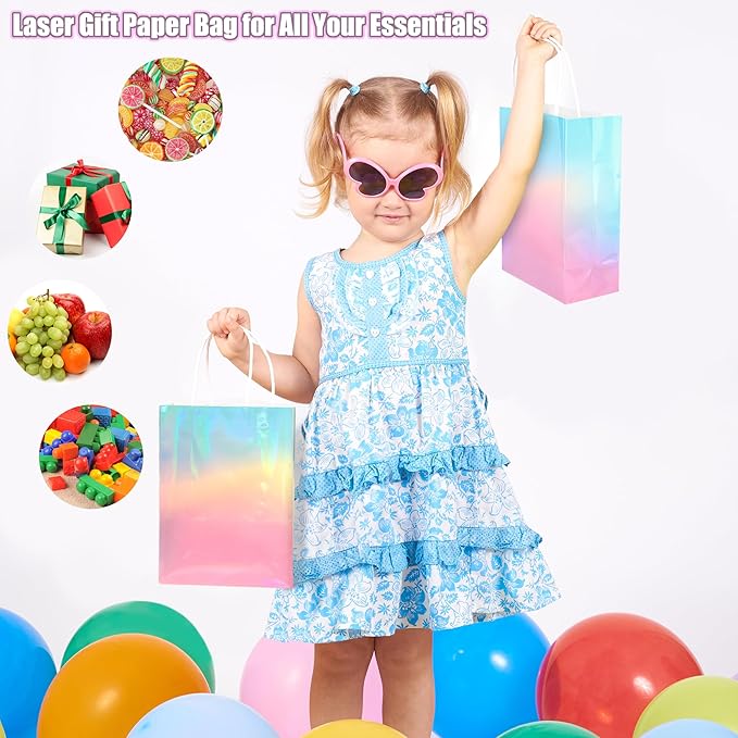 MIMIND 24 Pack Iridescent Paper Gift Bags with Handles Holographic Party Favor Bags with Tissue Paper 8.7 x 6.3 x 3.1 Inch Glitter Gradient Pink and Blue Goodie Candy Bag for Wedding Birthday Parties