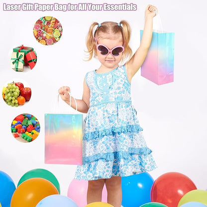 MIMIND 24 Pack Iridescent Paper Gift Bags with Handles Holographic Party Favor Bags with Tissue Paper 8.7 x 6.3 x 3.1 Inch Glitter Gradient Pink and Blue Goodie Candy Bag for Wedding Birthday Parties
