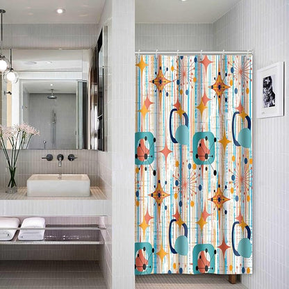 Mid Century Shower Curtain, 48x72inch, Modern Abstract Retro Colorful Striped Geometric Shower Curtain Sets 1950s Boho Bathroom Shower Curtain with 8 Hooks