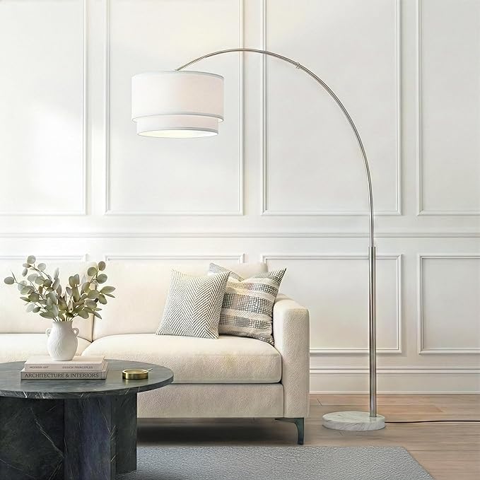 Brightech Mason Arc Floor Lamp - Modern Corner Standing Lamp with Unique Hanging Drum Lamp Shade for Living Room - Bright Overhead, Curved Hanging Light for Bedroom. Library, Den - Nickel