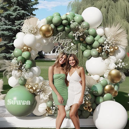 SUWEN Sage Green Balloons Arch Kit Garland 153Pcs Different Sizes of 18 10 5 Inch Latex Sage Olive Green Gold White Balloon Arch Kit Birthday Decorations for Gender Reveal Wedding Party