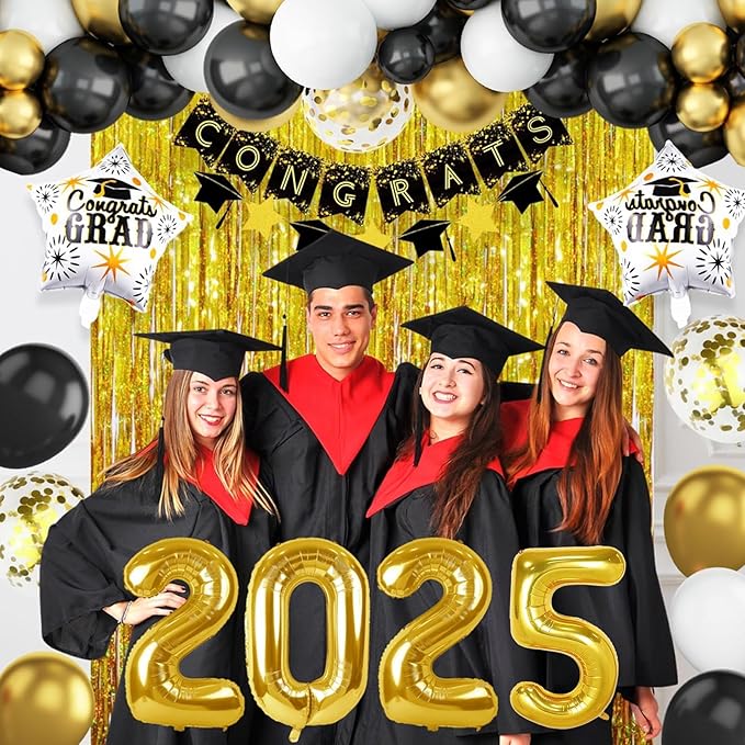 Graduation Balloon Arch Kit, Black Gold Graduation Balloons Garland with Confetti Balloon Graduation Banner Congrats Grad Star 2025 Foil Balloons for Class of 2025 Congrats Graduation Party Decoration