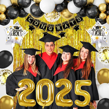 Graduation Balloon Arch Kit, Black Gold Graduation Balloons Garland with Confetti Balloon Graduation Banner Congrats Grad Star 2025 Foil Balloons for Class of 2025 Congrats Graduation Party Decoration