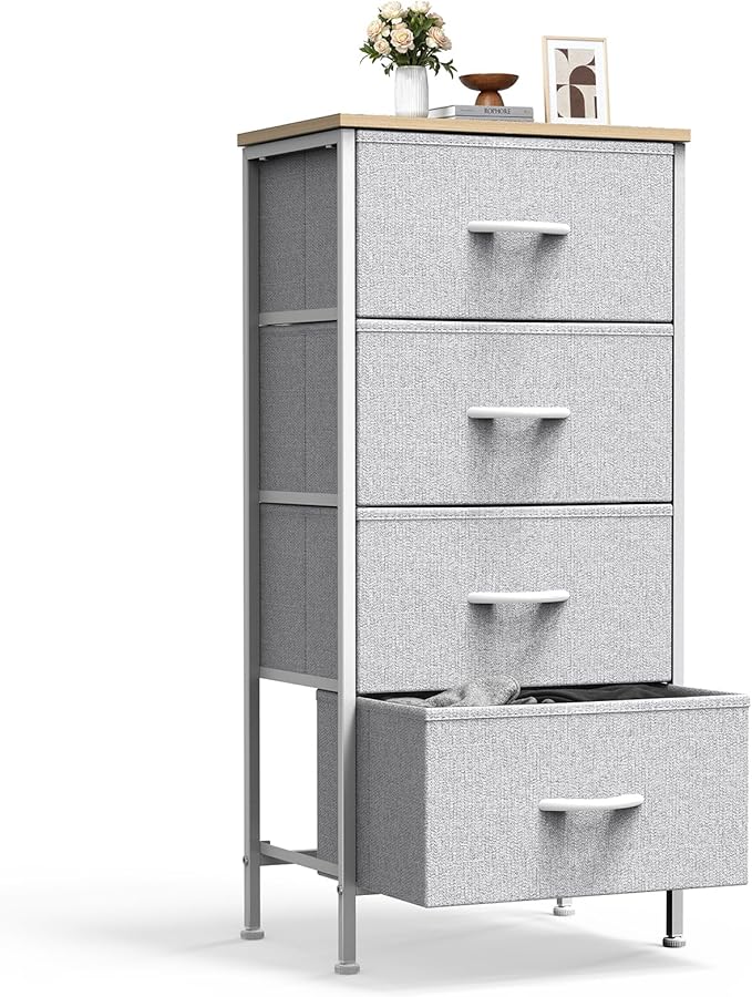 Sweetcrispy Nightstand Small Bedroom Dresser with 4 Fabric Drawers,Bed Side Furniture End Table,Wooden Top Cabinet Night Stand Dresser for Closet,Entryway,Dorm,Light Gray