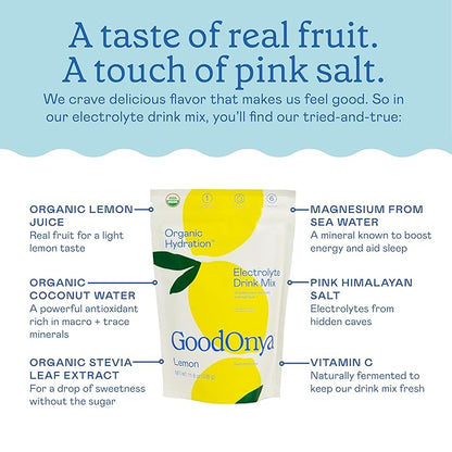 GOODONYA Organic Hydration Electrolyte Drink Mix, Certified Organic Hydration Powder, Non-GMO, Biochecked Glyphosate Free, Low Sugar, Lemonade Flavor, No Artificial Flavors, 42 Servings