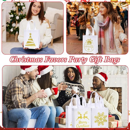 Wesnoy 24 Pcs Christmas Gift Bags Bulk 10 x 8 x 4 Inch Christmas White Gold Non Woven Party Favors Goodies Candy Bags with Handles for Holiday Gift Birthday Party Supplies