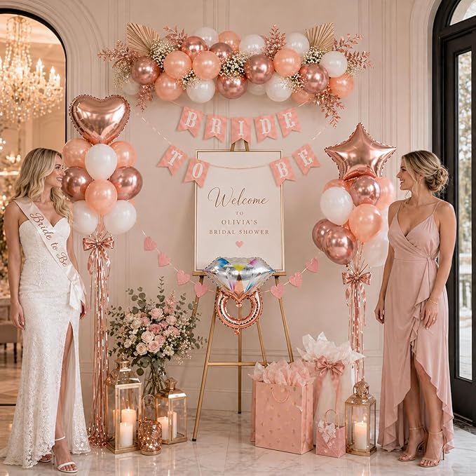Bridal Shower Decorations Rose Gold Bridal To Be Balloon Set with Star Heart Diamond Ring Foil Balloons Bunting Banner Heart Paper Garland Rose Gold White Bachelorette Marriage Engagement Party Women