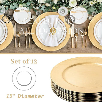 MAONAME Foil Gold Charger Plates Set of 12, 13" Plate Chargers for Dinner Plate, Plastic Round Chargers for Table Setting, Wedding Bulk