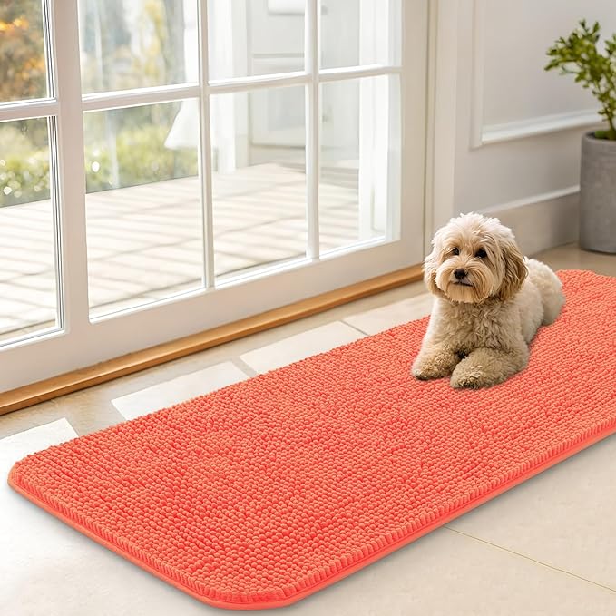 OLANLY Dog Door Mat for Muddy Paws 47x17, Absorbs Moisture and Dirt, Absorbent Non-Slip Washable Doormat, Quick Dry Chenille Mud Mat for Dogs, Entry Indoor Entryway Carpet for Inside Floor, Coral